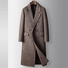 Sobretudo masculino longo em lã marrom com abotoamento duplo e forro interno removível acolchoado para inverno sofisticado