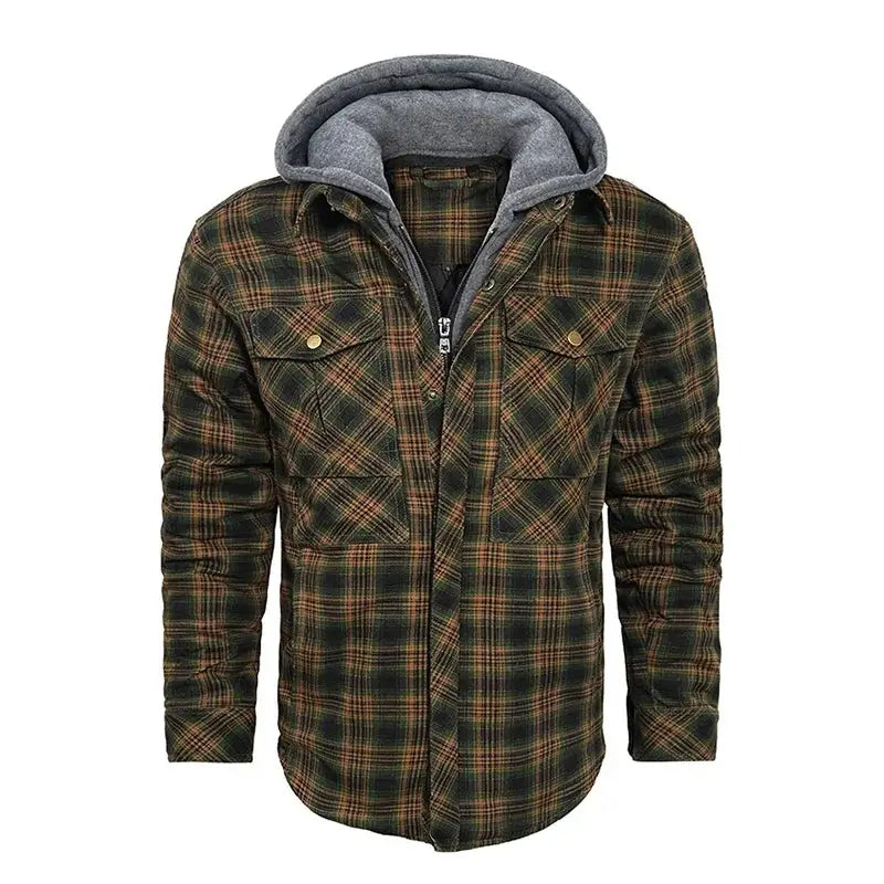 Jaqueta flanela masculina xadrez com capuz removível inverno