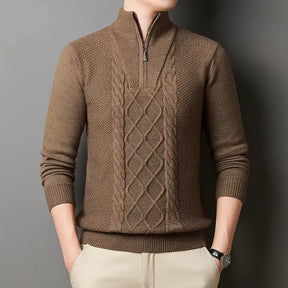 suéter masculino cinza tricô trançado gola alta meio zíper inverno elegante confortável