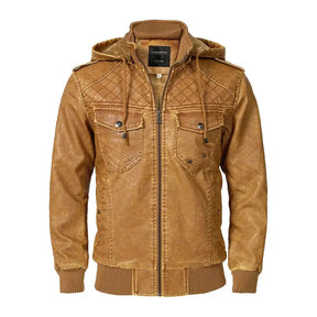 jaqueta masculina caramelo estilo couro biker com capuz removível e forro térmico