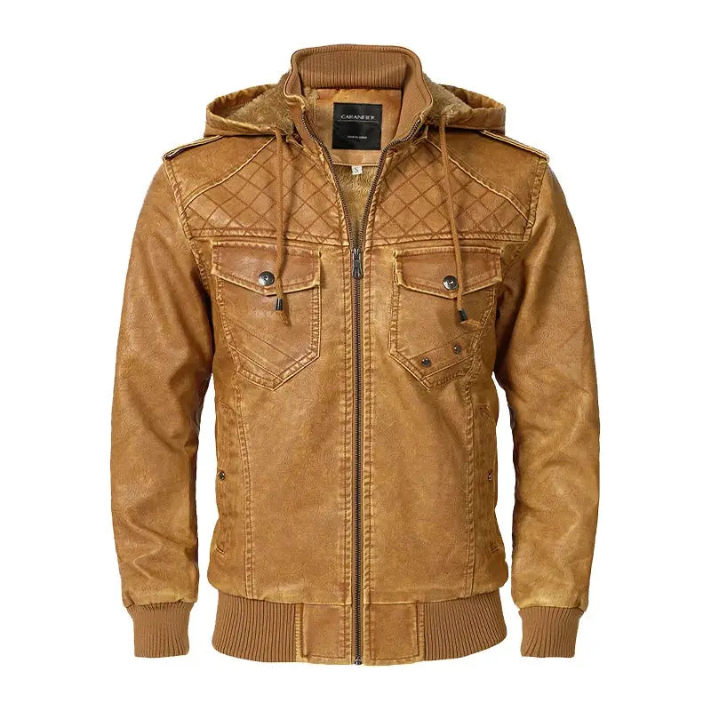 jaqueta masculina caramelo estilo couro biker com capuz removível e forro térmico