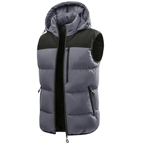 colete masculino acolchoado bicolor com capuz e zíper frontal estilo moderno para inverno