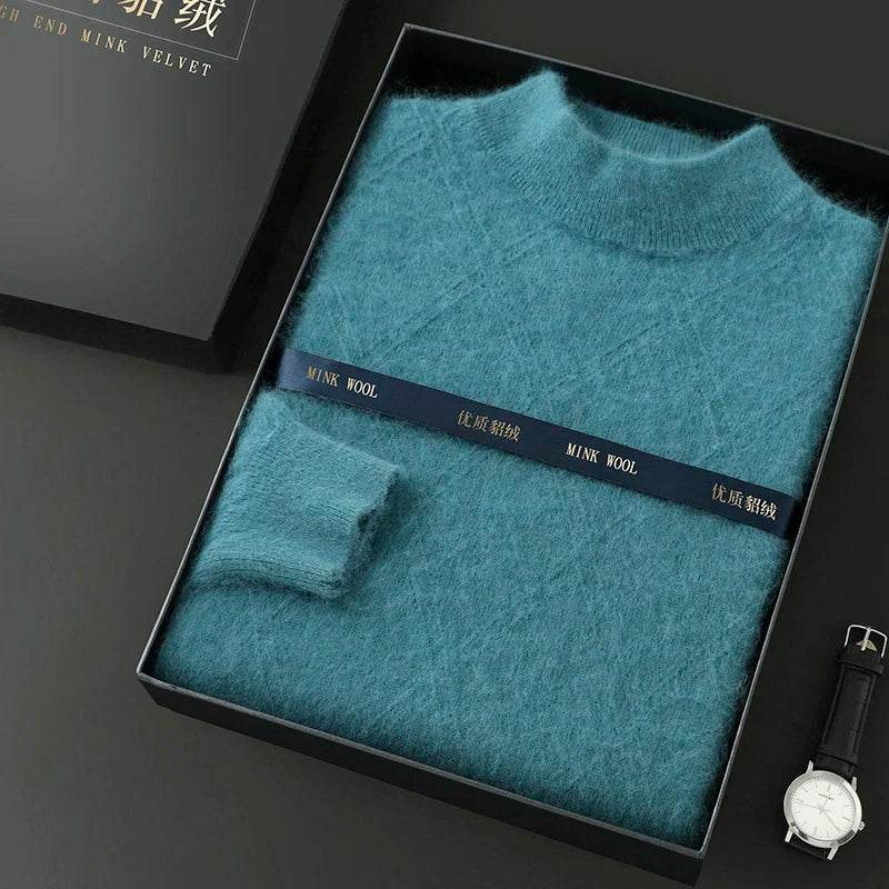 Suéter masculino gola alta em mink cashmere com textura felpada e acabamento premium para inverno