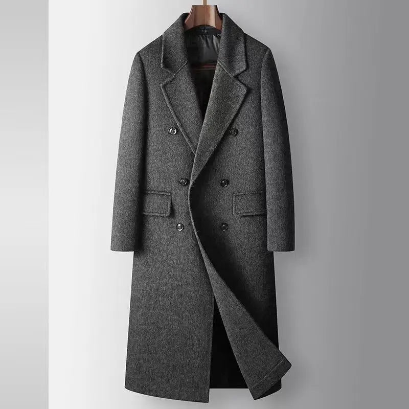 Sobretudo masculino longo em lã  com abotoamento duplo e forro interno removível acolchoado para inverno sofisticado