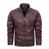 jaqueta masculina vinho estilo couro com gola alta e bolsos frontais moderna