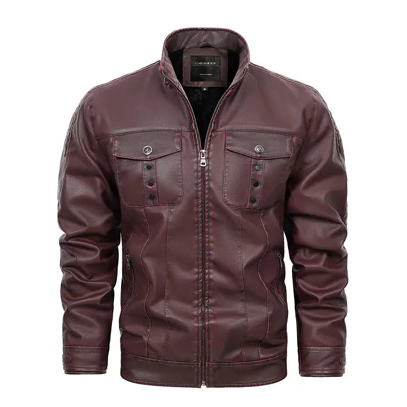 jaqueta masculina vinho estilo couro com gola alta e bolsos frontais moderna