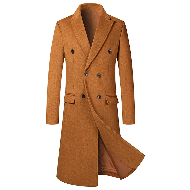 Sobretudo masculino longo em lã com abotoamento duplo e lapela clássica elegante para inverno