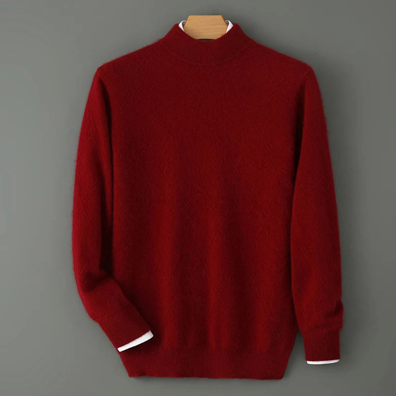 Suéter masculino gola alta em mink cashmere com textura felpada e acabamento premium para inverno