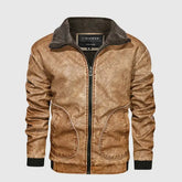 jaqueta masculina estilo couro biker com gola alta e bolsos frontais