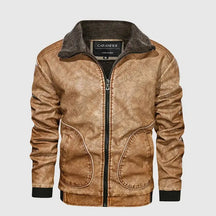 jaqueta masculina estilo couro biker com gola alta e bolsos frontais