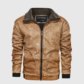 jaqueta masculina estilo couro biker com gola alta e bolsos frontais