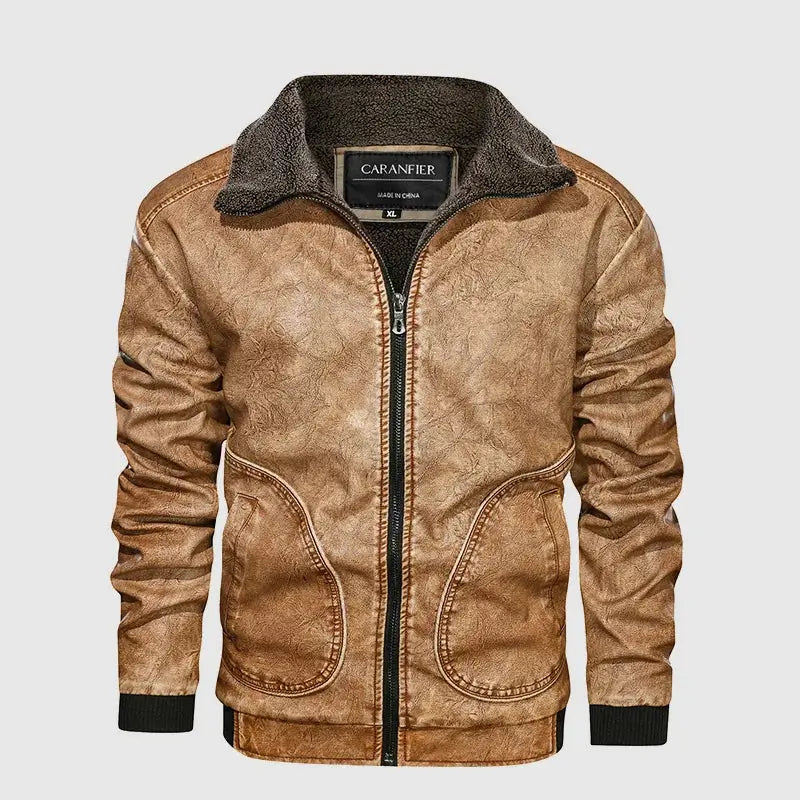jaqueta masculina estilo couro biker com gola alta e bolsos frontais