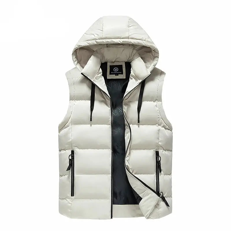 colete masculino acolchoado claro com capuz removível e bolsos com zíper ideal para inverno e uso casual