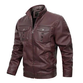 jaqueta masculina vinho estilo couro com gola alta e bolsos frontais moderna