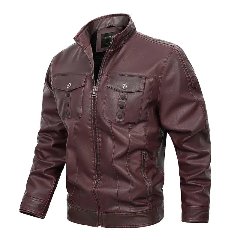 jaqueta masculina vinho estilo couro com gola alta e bolsos frontais moderna