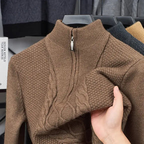 suéter masculino cinza tricô trançado gola alta meio zíper inverno elegante confortável