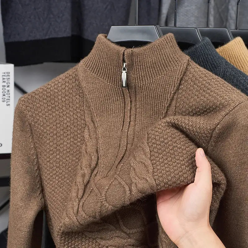 suéter masculino cinza tricô trançado gola alta meio zíper inverno elegante confortável