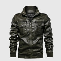 jaqueta masculina estilo couro biker com gola alta e bolsos frontais
