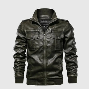 jaqueta masculina estilo couro biker com gola alta e bolsos frontais