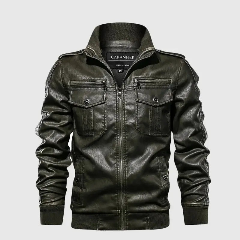 jaqueta masculina estilo couro biker com gola alta e bolsos frontais