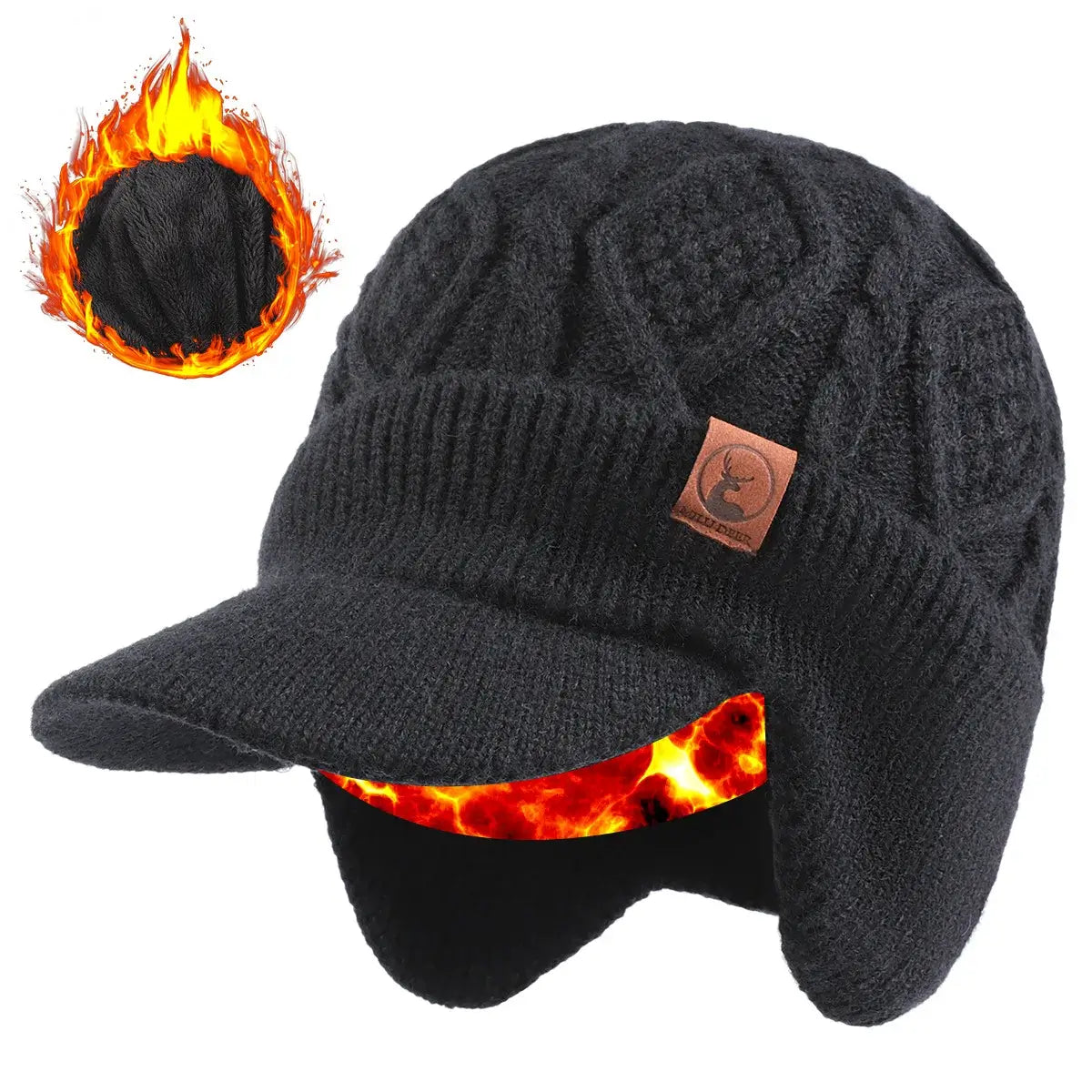 Gorro em tricô premium com aba frontal, proteção para orelhas e forro térmico quente