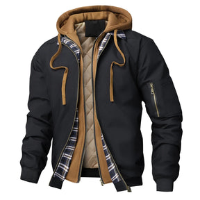 Jaqueta bomber masculina preta com capuz marrom e interior acolchoado térmico estilo casual urbano premium.