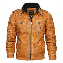jaqueta masculina em couro biker com gola alta e zíper frontal