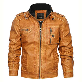 jaqueta masculina em couro biker com gola alta e zíper frontal