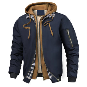 Jaqueta bomber masculina preta com capuz marrom e interior acolchoado térmico estilo casual urbano premium.