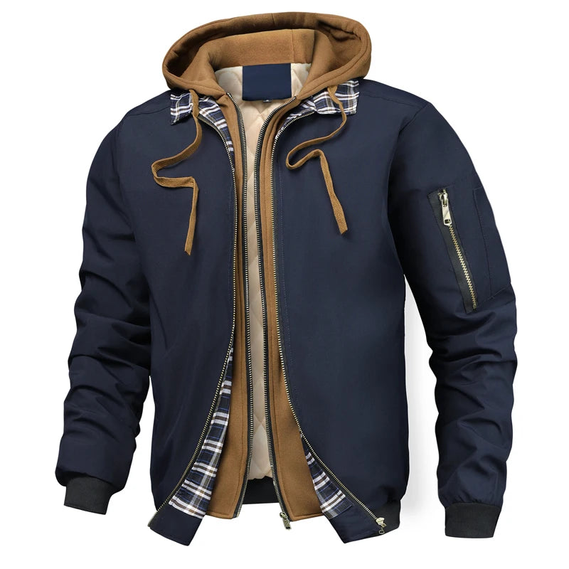 Jaqueta bomber masculina preta com capuz marrom e interior acolchoado térmico estilo casual urbano premium.