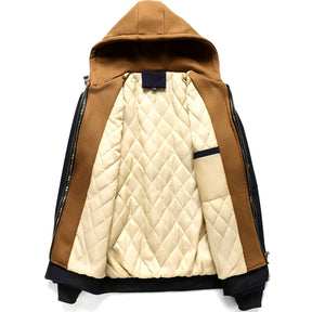 Jaqueta bomber masculina preta com capuz marrom e interior acolchoado térmico estilo casual urbano premium.