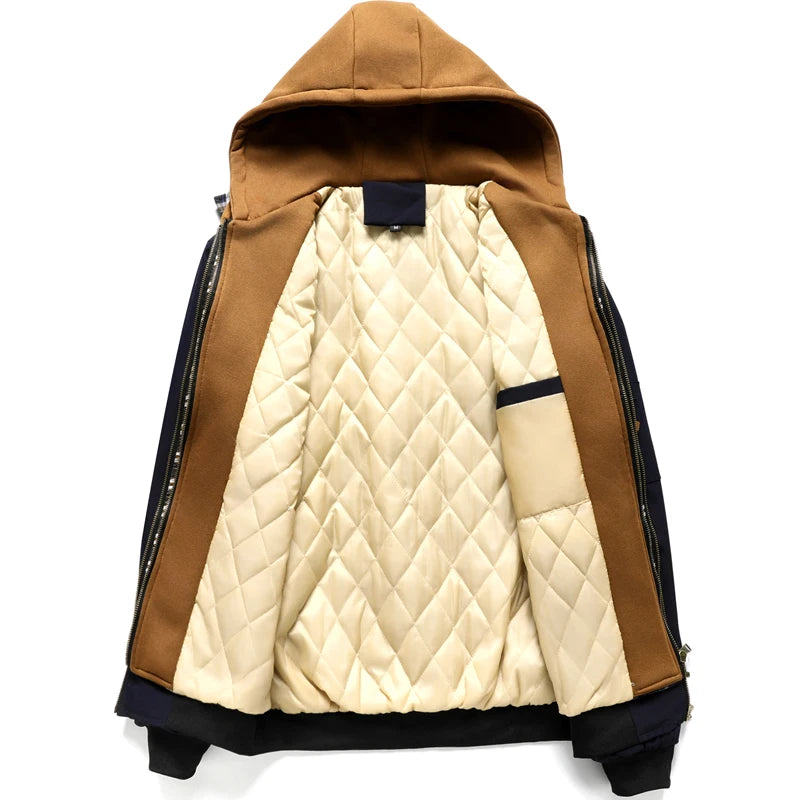 Jaqueta bomber masculina preta com capuz marrom e interior acolchoado térmico estilo casual urbano premium.
