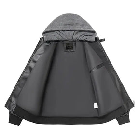 jaqueta masculina preta estilo couro biker com capuz removível e zíper moderna