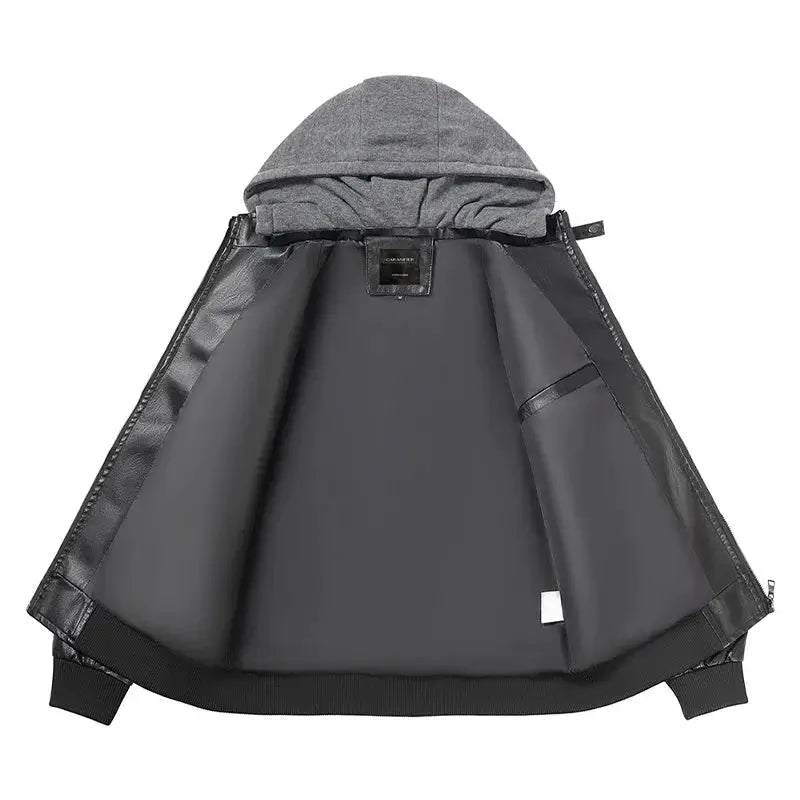 jaqueta masculina preta estilo couro biker com capuz removível e zíper moderna