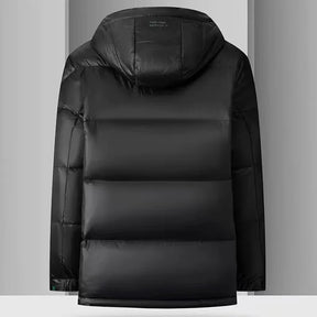 Jaqueta puffer masculina com capuz removível e acabamento brilhante com enchimento em pluma para inverno frio
