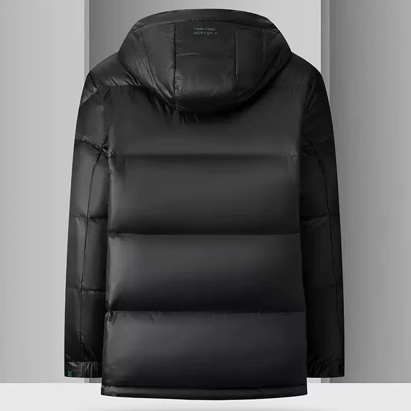 Jaqueta puffer masculina com capuz removível e acabamento brilhante com enchimento em pluma para inverno frio