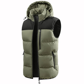 colete masculino acolchoado bicolor com capuz e zíper frontal estilo moderno para inverno