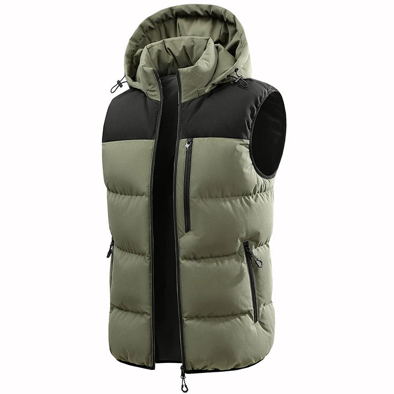 colete masculino acolchoado bicolor com capuz e zíper frontal estilo moderno para inverno