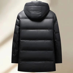 Jaqueta masculina preta térmica com pluma de ganso 90% e capuz removível, modelo acolchoado para frio intenso