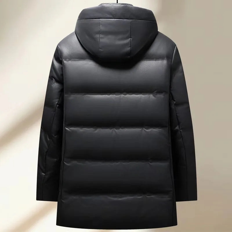 Jaqueta masculina preta térmica com pluma de ganso 90% e capuz removível, modelo acolchoado para frio intenso