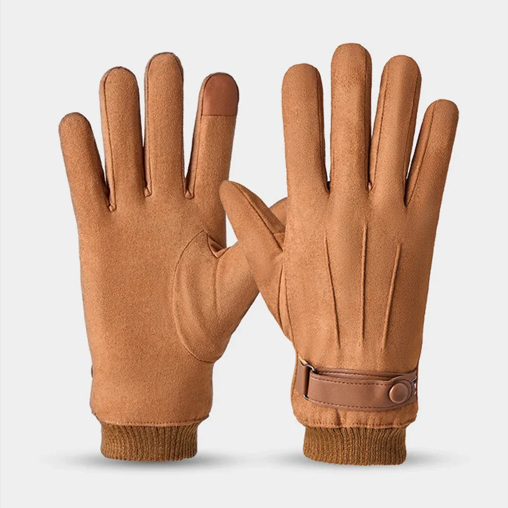 Luva masculina térmica bege estilo camurça com forro plush e função touchscreen para inverno e moto.