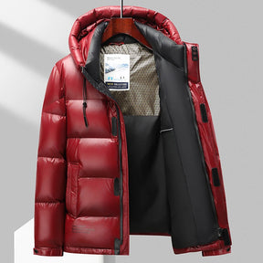 Jaqueta puffer masculina com capuz removível e acabamento brilhante com enchimento em pluma para inverno frio