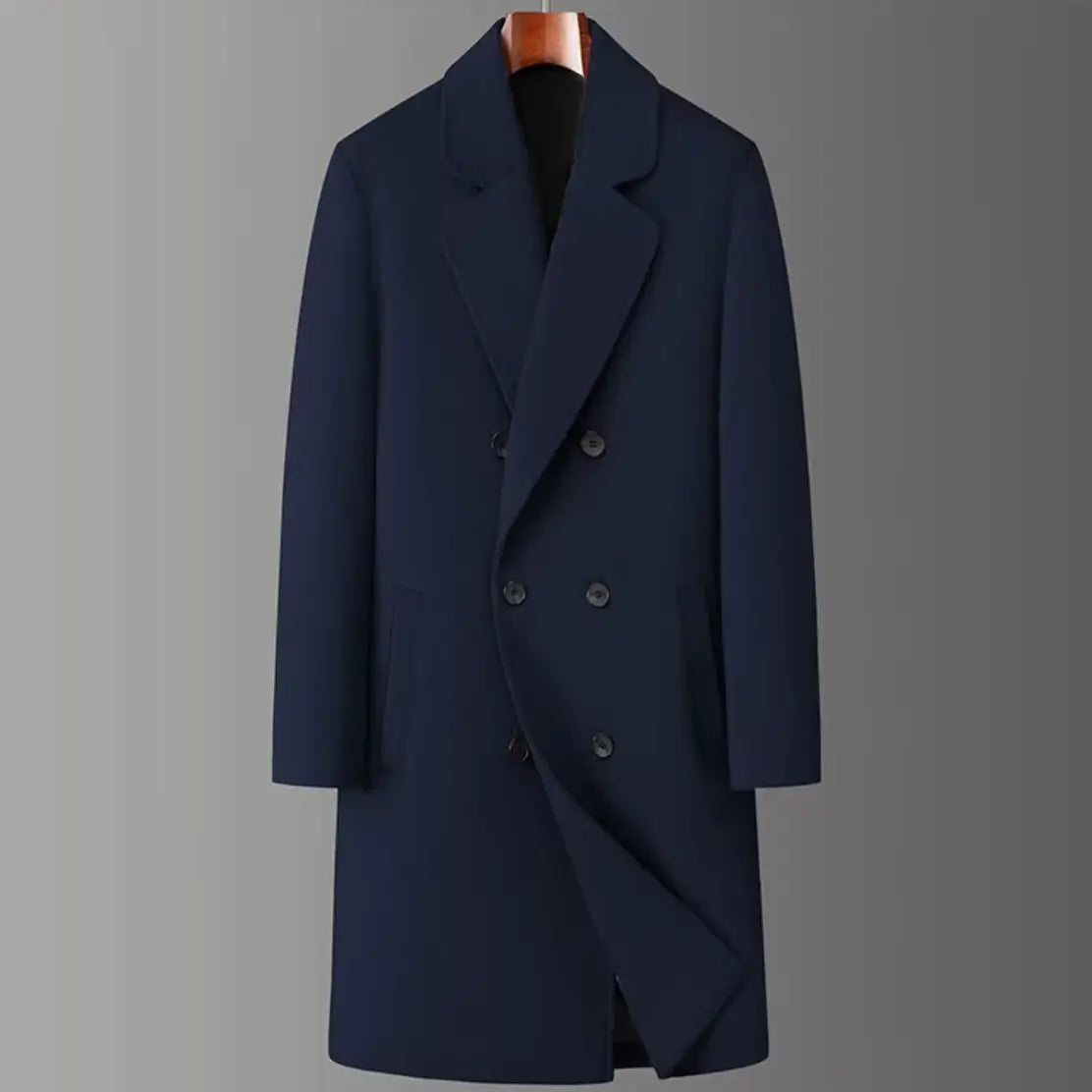 Sobretudo masculino preto de lã premium com abotoamento duplo e corte longo elegante