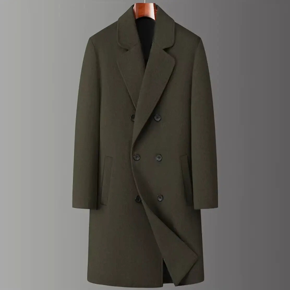 Sobretudo masculino preto de lã premium com abotoamento duplo e corte longo elegante