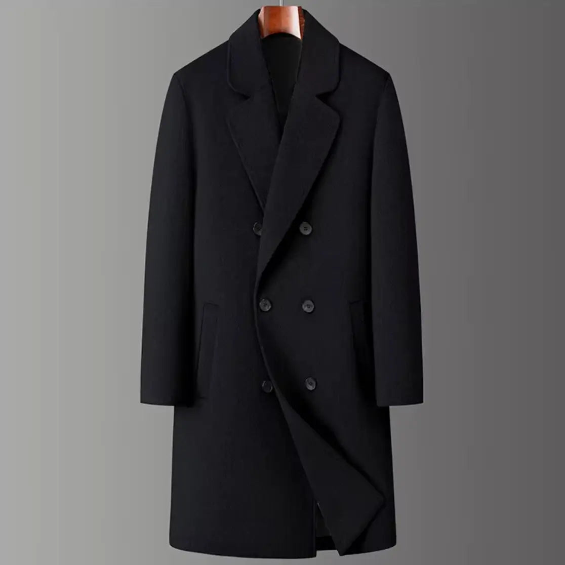 Sobretudo masculino preto de lã premium com abotoamento duplo e corte longo elegante