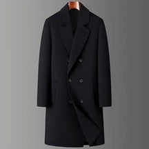 Sobretudo masculino preto de lã premium com abotoamento duplo e corte longo elegante