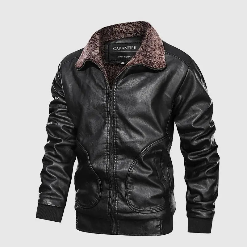 jaqueta masculina estilo couro biker com gola alta e bolsos frontais
