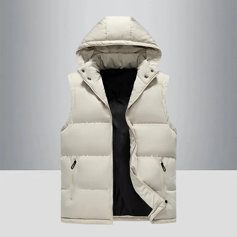 colete masculino puffer branco com capuz e zíper frontal estilo moderno e quente para inverno