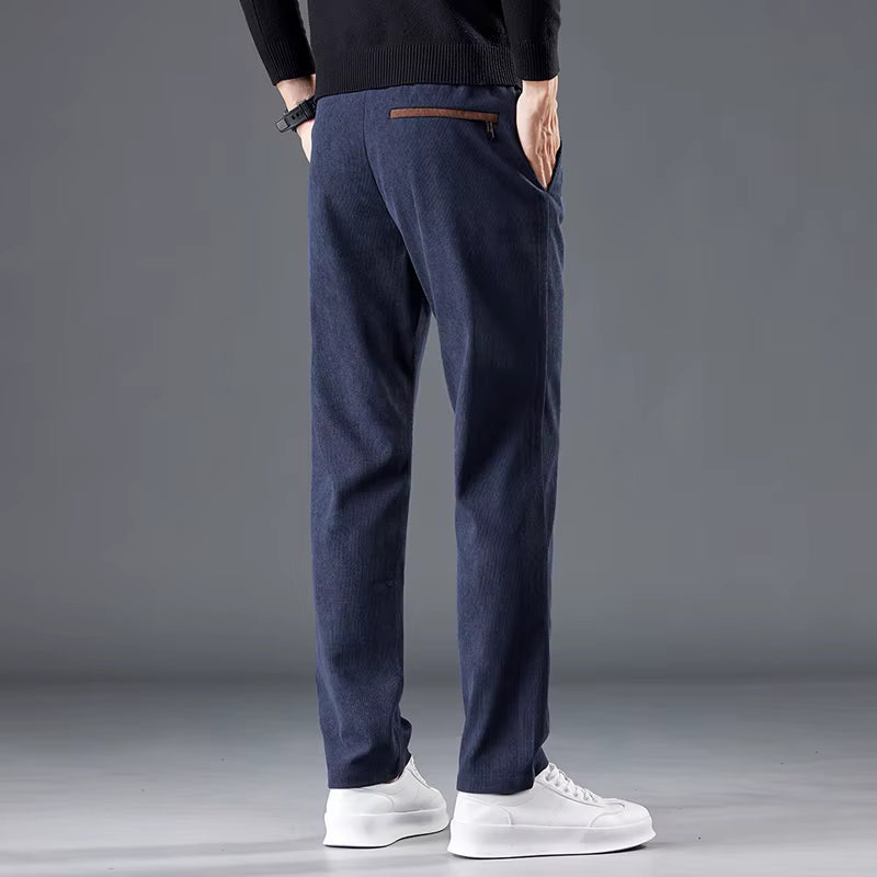 Calça masculina de veludo cotelê com cintura elástica e cordão ajustável, modelo reto para outono e inverno