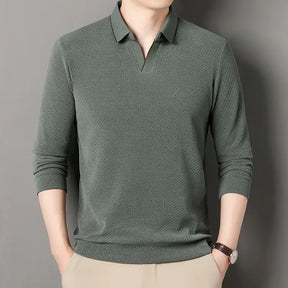 camisa polo masculina de tricot manga longa com tecido macio e elegante exibindo textura do knitwear